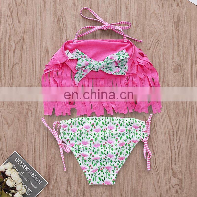 2019 Summer girls pink tassel bikini set kids fringe swimwear with floral shorts 2pc set
