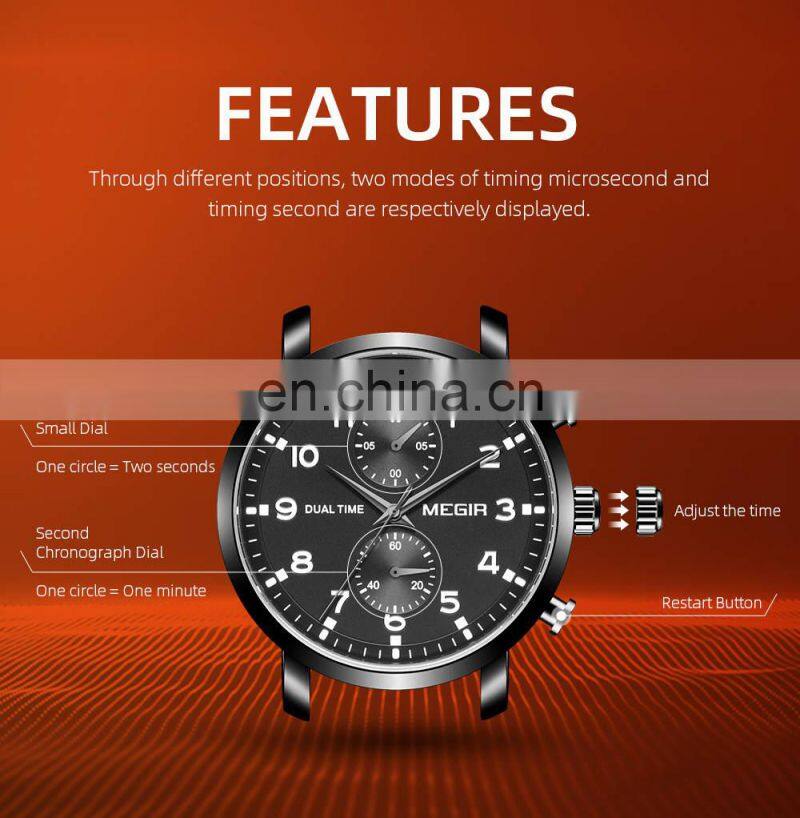 MEGIR 2160 Fashion Leather Stainless Steel Waterproof Chronograph Sport Wrist Watches Quartz Watch Man