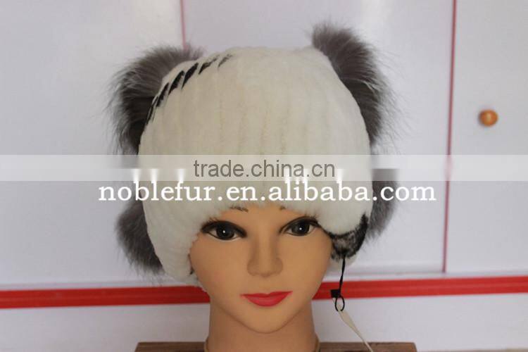 cute rabbit fur with silver fox fur winter pompom headwear for young girls