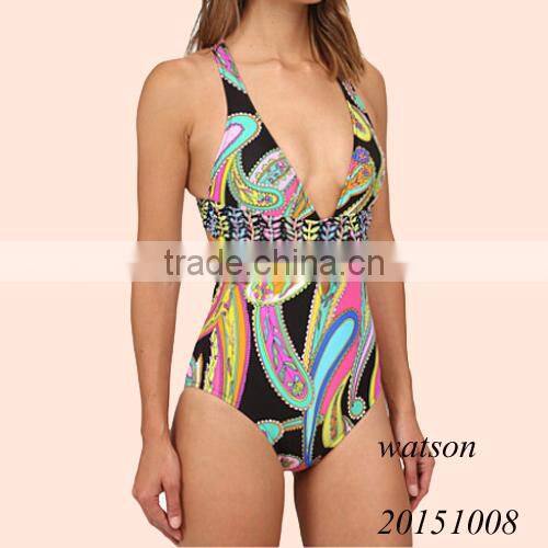 2016 garden paisley print ladies one piece swimwear women swimsuit