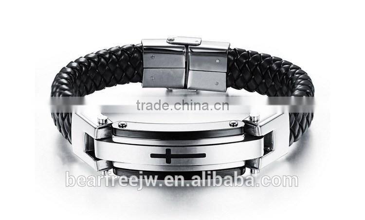 Fashion Solid Stainless Steel Cross Braide Leather Bangle Bracelet Men Jewelry