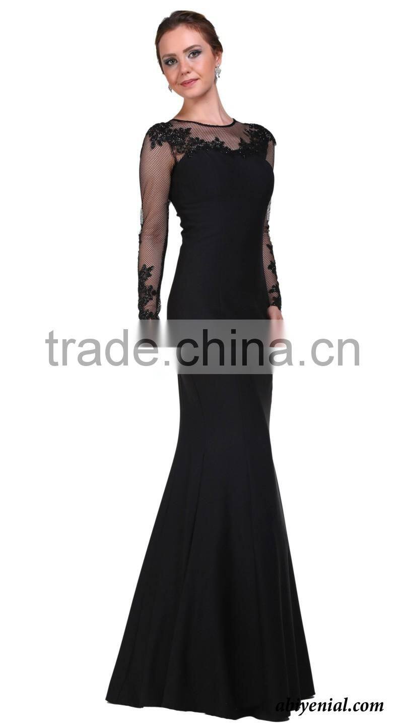 ABI-09 See Through Appliques O-neck Long Mother Dresses with Long Sleeves Custom made Mother Of the Bride Dresses