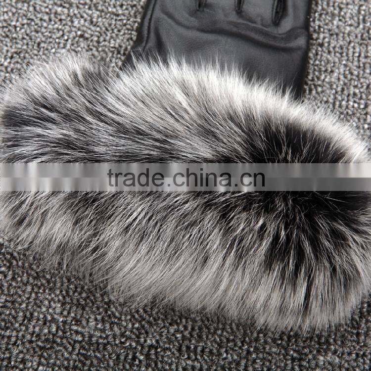 Winter Leather Car Driving Gloves Flannelette Inside With Fox Fur Double Face Sheepskin