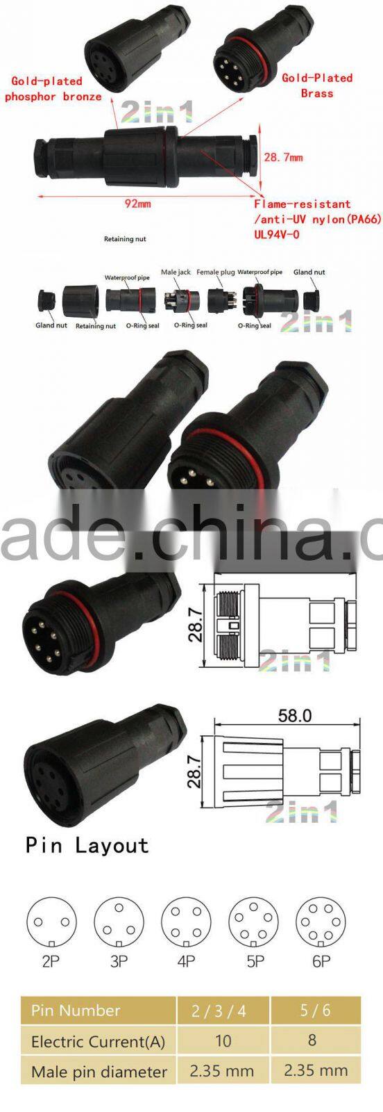 6Pin IP68 9000-6P Soldering Electric Cable Wire Waterproof Connector