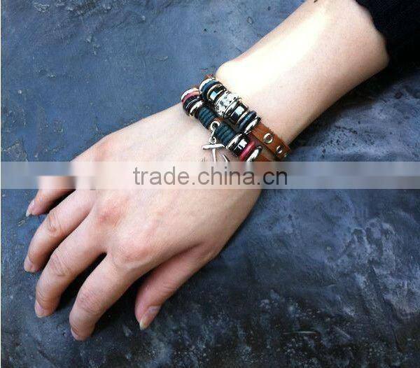 cheap simple ladies genuine leather beads bracelets with anchor metal drop
