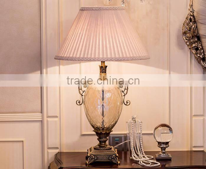 Olivary design clear glass body metal bottom fabric lampshade table lamp