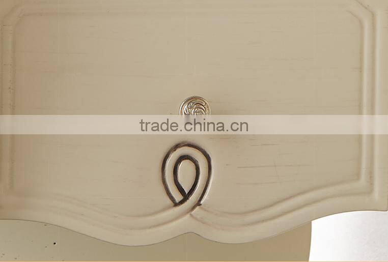 New classic consice flower carving ivory white side table with drawer