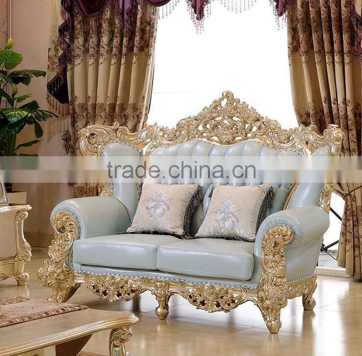 Luxury living furniture wood carving goldfoil light blue genuine leather sofa set