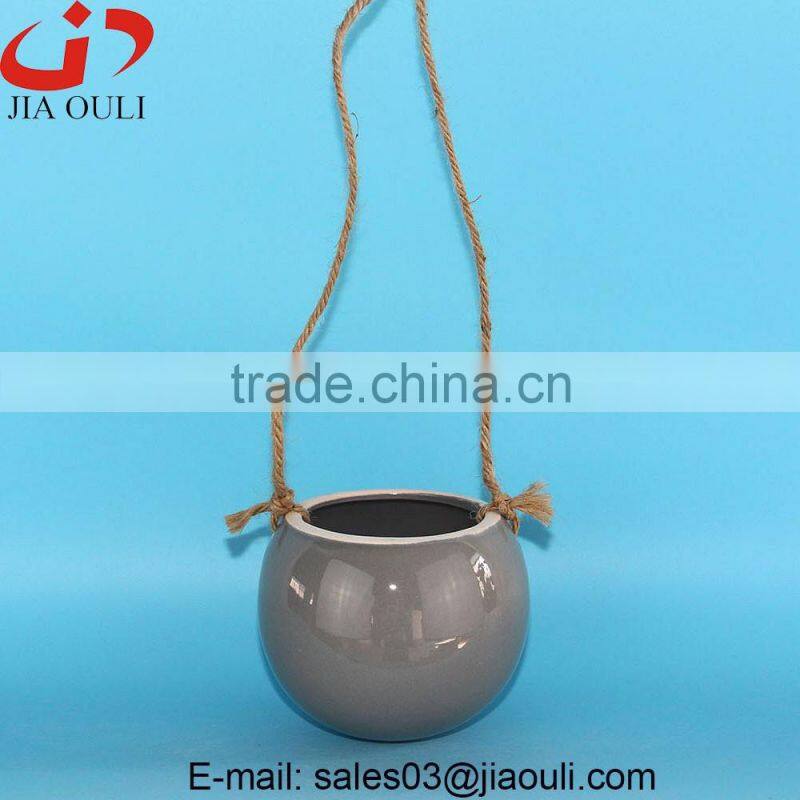 BSCI Audit Factory handle shape ceramic hanging basket planter, plant pot stand with hanger