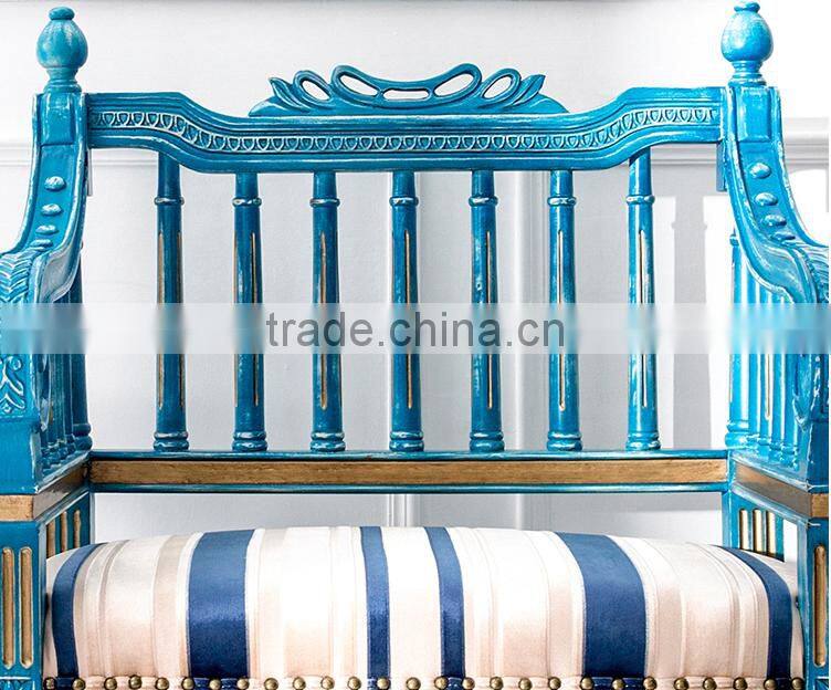 Antique Handmade Solid Wood Square Back Carving Armchair Painted in Vintage Blue and with Striped Fabric BF12-03294b