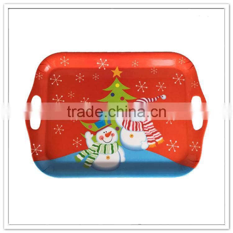 Wholesale durable large rectangular plastic christmas pattern serving tray with handles