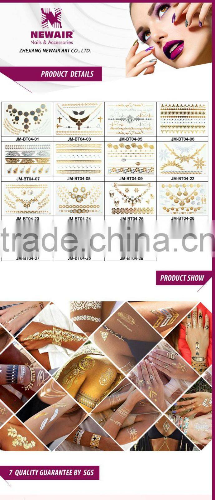 Gold glitter metallic skin safe body temporary tattoo sticker
