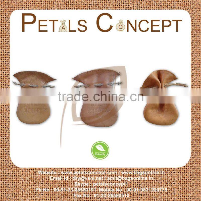 Genuine leather promotional gift pouch with jute drawstring