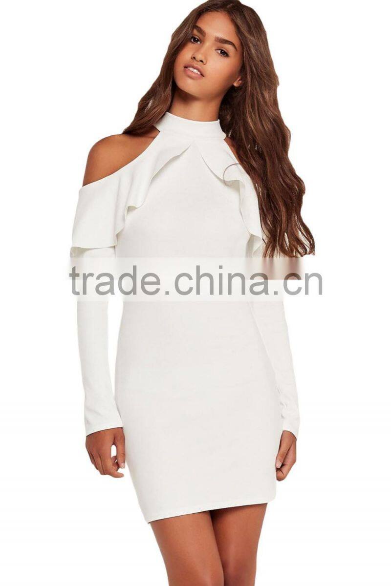 Women Frill Cold Shoulder Long Sleeve Mini Short Bodycon Club Dress White