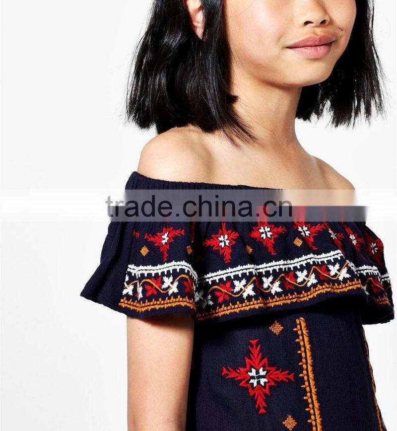 Punjabi Dress Neck Designs Baby Girl Clothes Off Shoulder Embroidered Girl Child Dress hsd2097