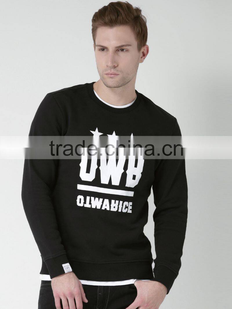 Black Custom Printed Sweatshirt Fleece Lined Autumn Casual Mens Clothing Pullover 80% Cotton 20% Polyester Fabric Material Sweat