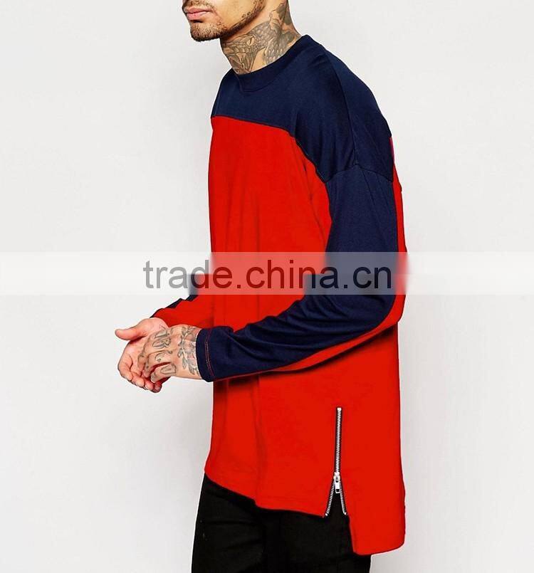 Hot Sale Fashion Streetwear Contrast 100% Cotton Longline Long Sleeve T Shirt with Side Zipper Blank Oversized T Shirt