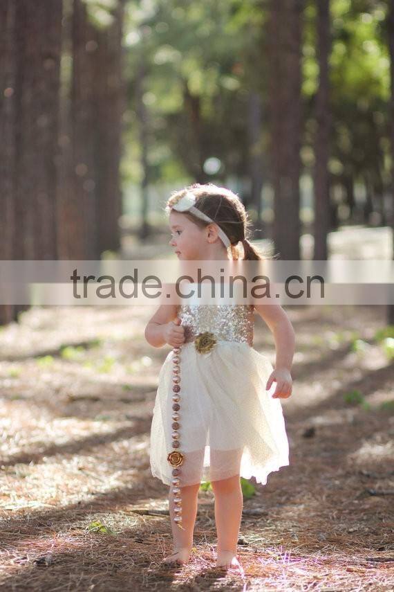 Ivory Gold Sequined Glitter Tulle Lace Fabric Baby Dress Pictures Girls Tutu Dress