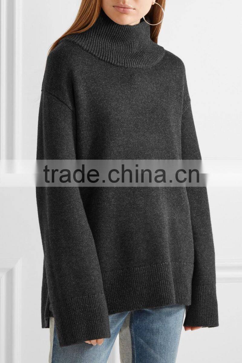 High Quality Slips On Charlcoal Wool and Cashmere-Blend Turtleneck Sweater with Scoop Hem