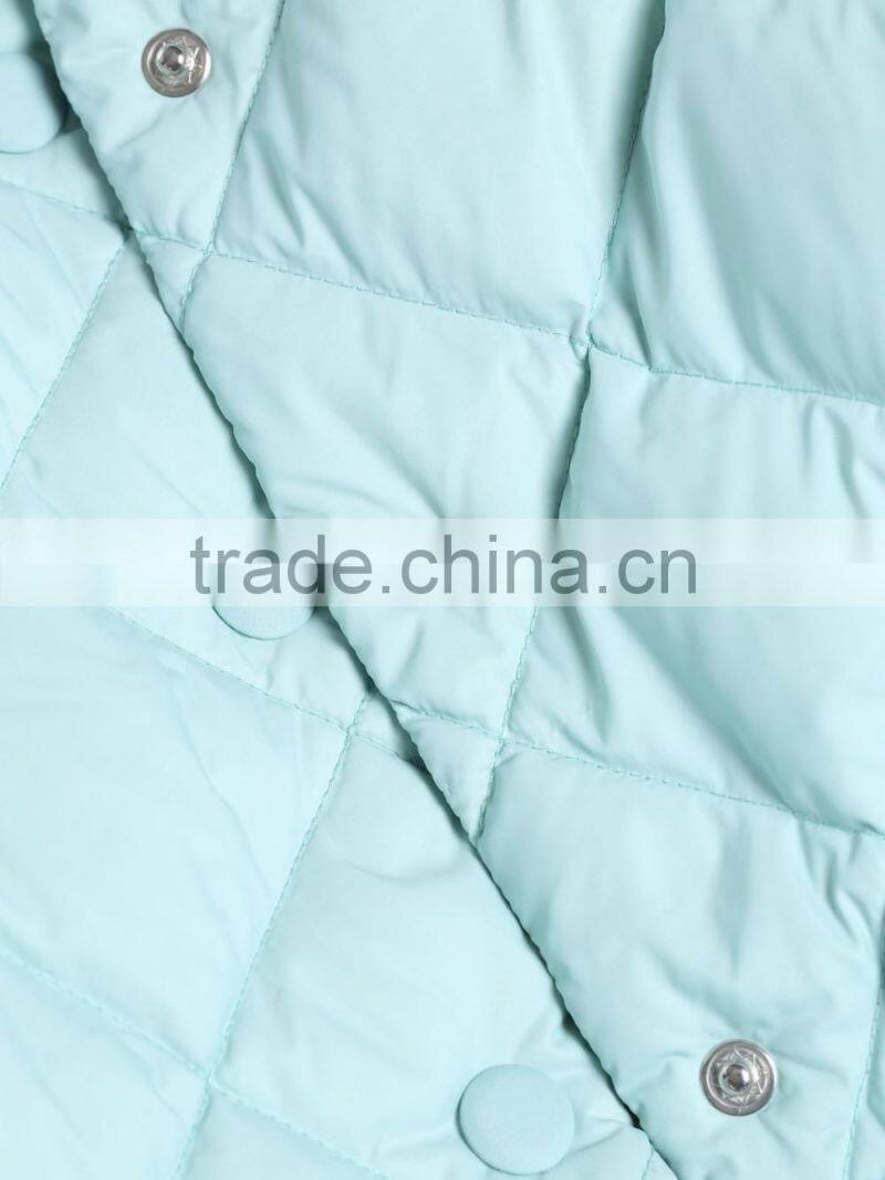 Womens light blue slim fit button-up down jacket with adjustable elastic belt