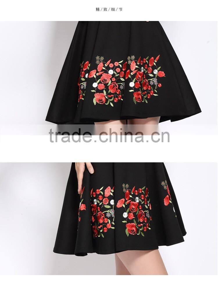 Ladies autumn/winter V neck 3/4 sleeve embroidered A-line dress