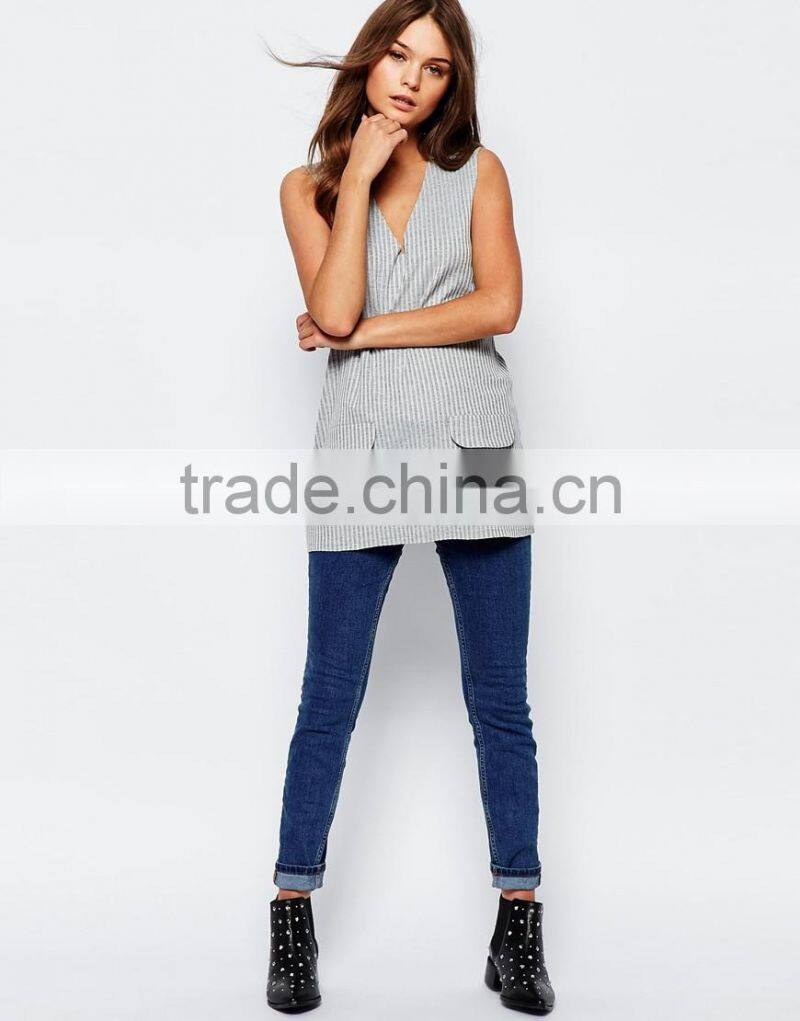 2016 Guangzhou Shandao OEM Custom Summer Women Sexy Sleeveless Deep V Neck Striped Cotton Latest Fashion Long Top Design