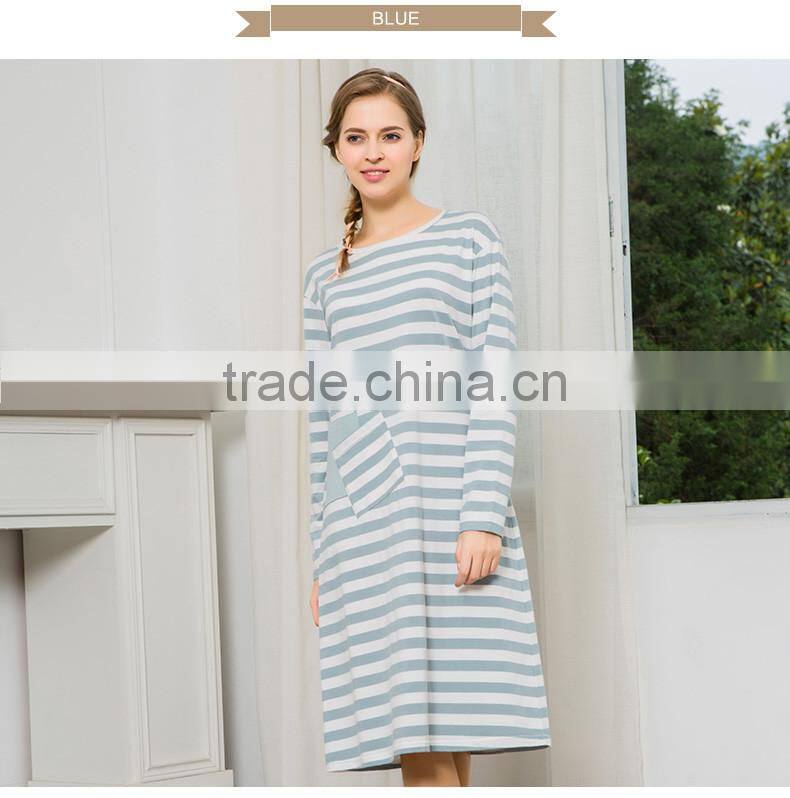 2017 Best Qianxiu Autumn Inner Home Women Lady Girl Cotton Long Sleeved Strip Chinese Women Nightgown