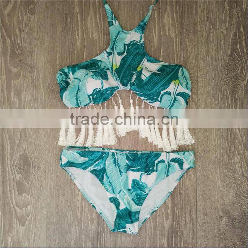 gray tassel leaves swimwear bikini/ latest fashion green vintage tassel bikini swimwear