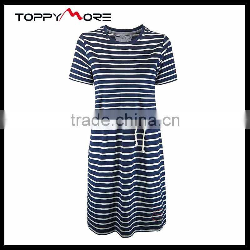 T092-1669N 95% cotton 5% elastane t shirt Short Sleeve Long T shirt Dress With Stripe Print