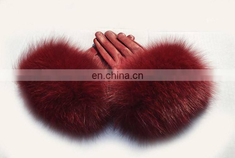 Genuine Sheepskin Leather Gloves Real Fox Fur Cuffs Gloves for Women Winter Leather Glove