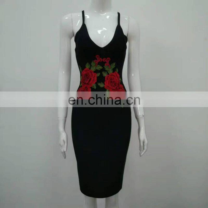 Amigo 2017 new design black strap V neck rose print mini bandage dress evening dresses for beauty ladis party wear