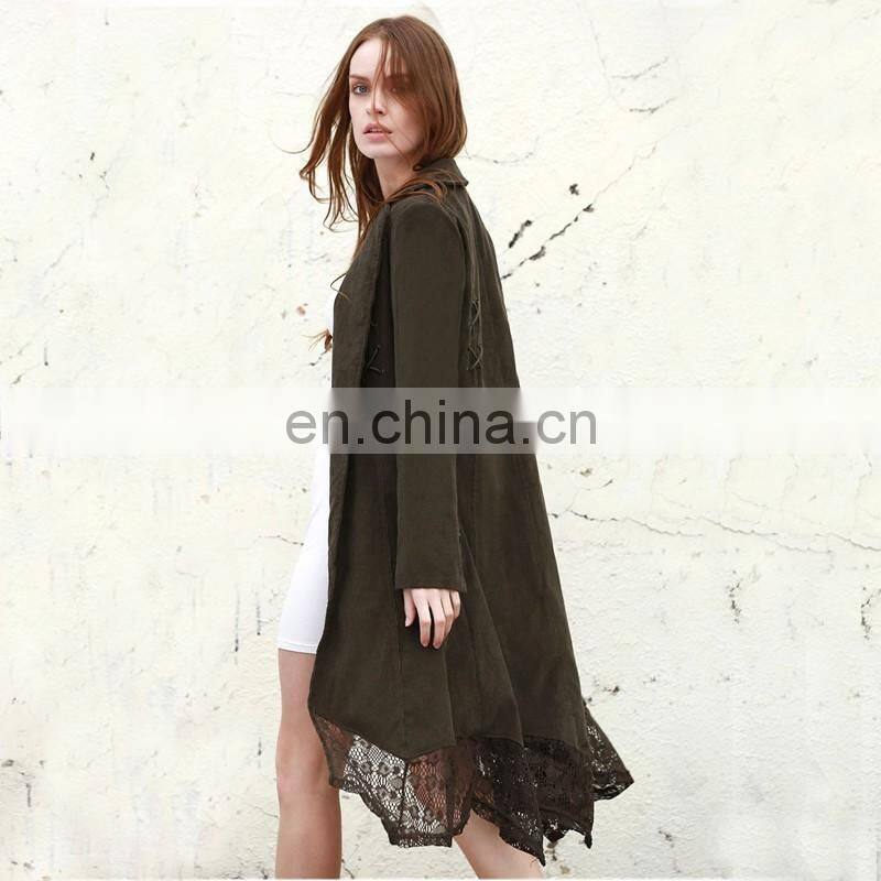 Fashion lapel design khaki lace spliced long women trench coat
