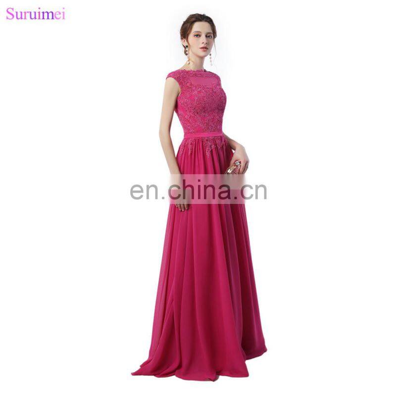Rose Red Bridesmaid Dresses Lace Applique With Cap Sleeves High Neck Floor Length Chiffon Long Brides Maid Dress Vestidos De