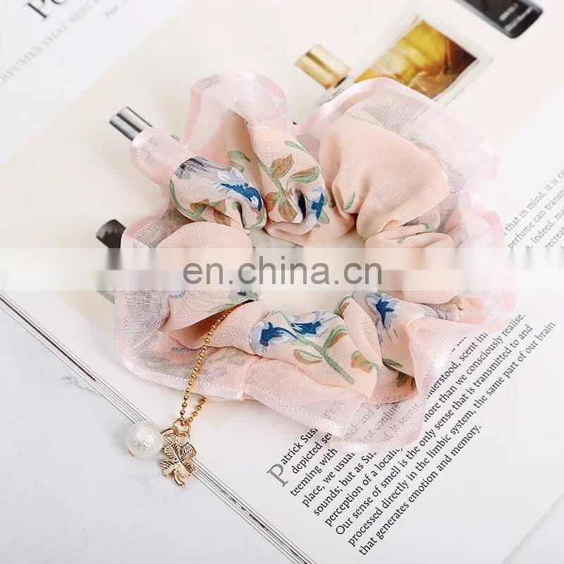 Ladies Winter Ruched Hair Rope Plain Color Imitation Pearl Pendant Charms Ponytail Holder Geometric Large Intestine Scrunchies
