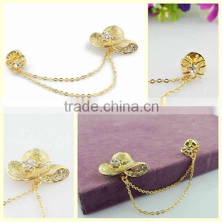 China gold ladies hat shape brooch shoulder pins crystal brooches