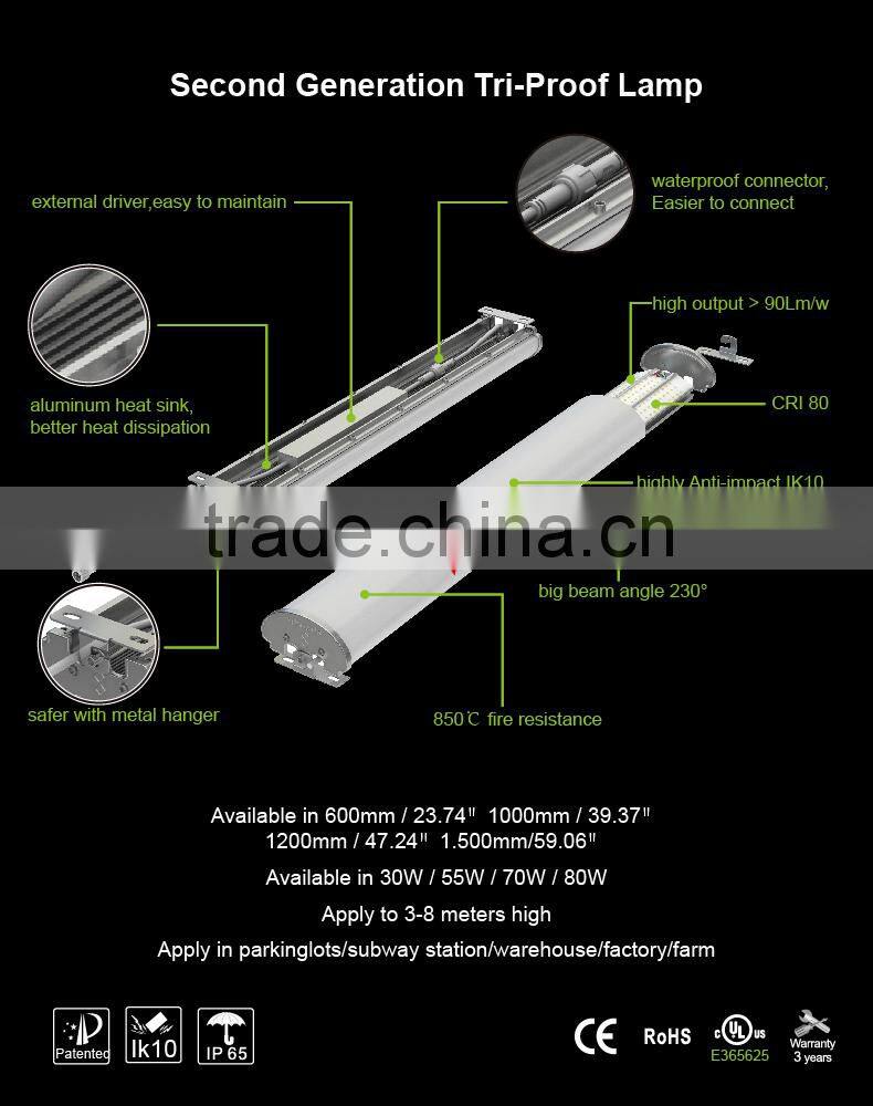 Best selling product 30W/70W/80W IP65 Tri proof led lamp