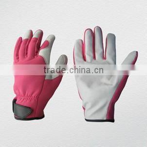 Pink color pig skin leather mechanic gardening glove-7317