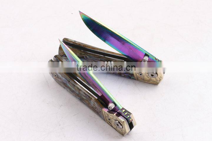 OEM Damascus blade material Silk color Abalone handle folding knife