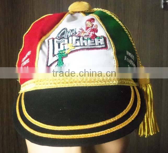 Baseball/Football/Cricket/Honours Cap with Golden Braid & Tassel, White/Black/Red Velvet