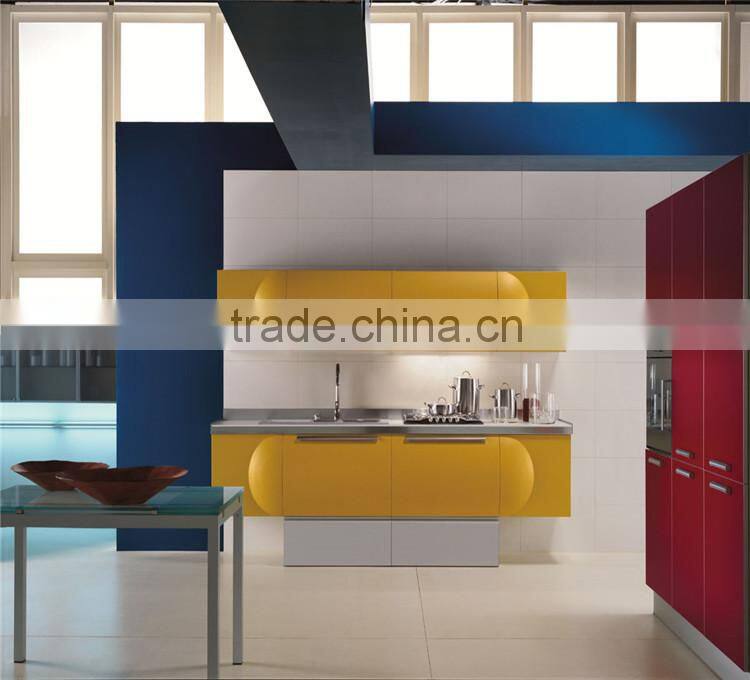 Yellow modern kitchen cabinets wall units, high gloss cabinet