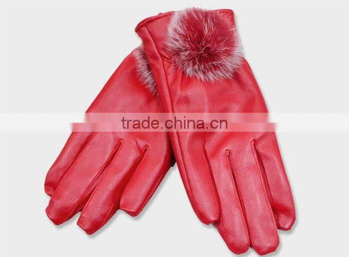 New Hot Fashion Ladys Womens Gloves PU Leather Cute Rabbit Fur Ball Warm Winter Gloves Mittens