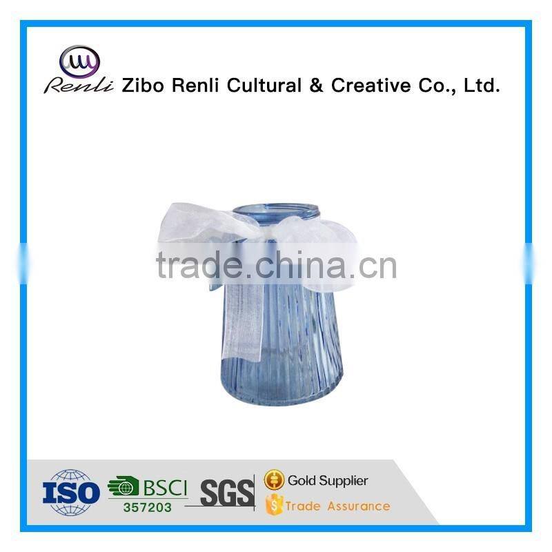 Home Decoration Blue Cylinder Striped Glass Vase with Ribbon