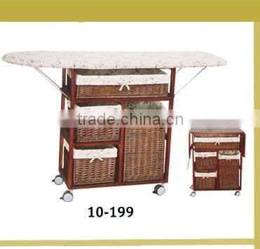 folding wooden ironing board in cabinet