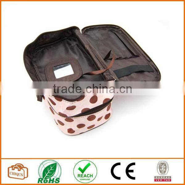 Double Layer Cosmetic Bag Pink with Coffee Dot Travel Toiletry Cosmetic Makeup Bag Organizer With Mirror