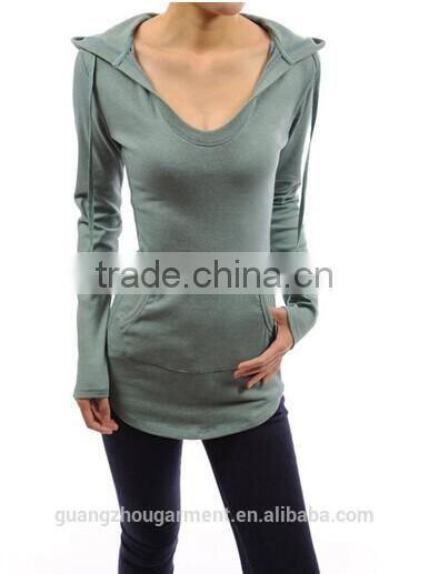 cotton hoodie ribbed sides pocket curve hem tunic casual top Adult age plain crop tops,long sleeve top,online clothing store