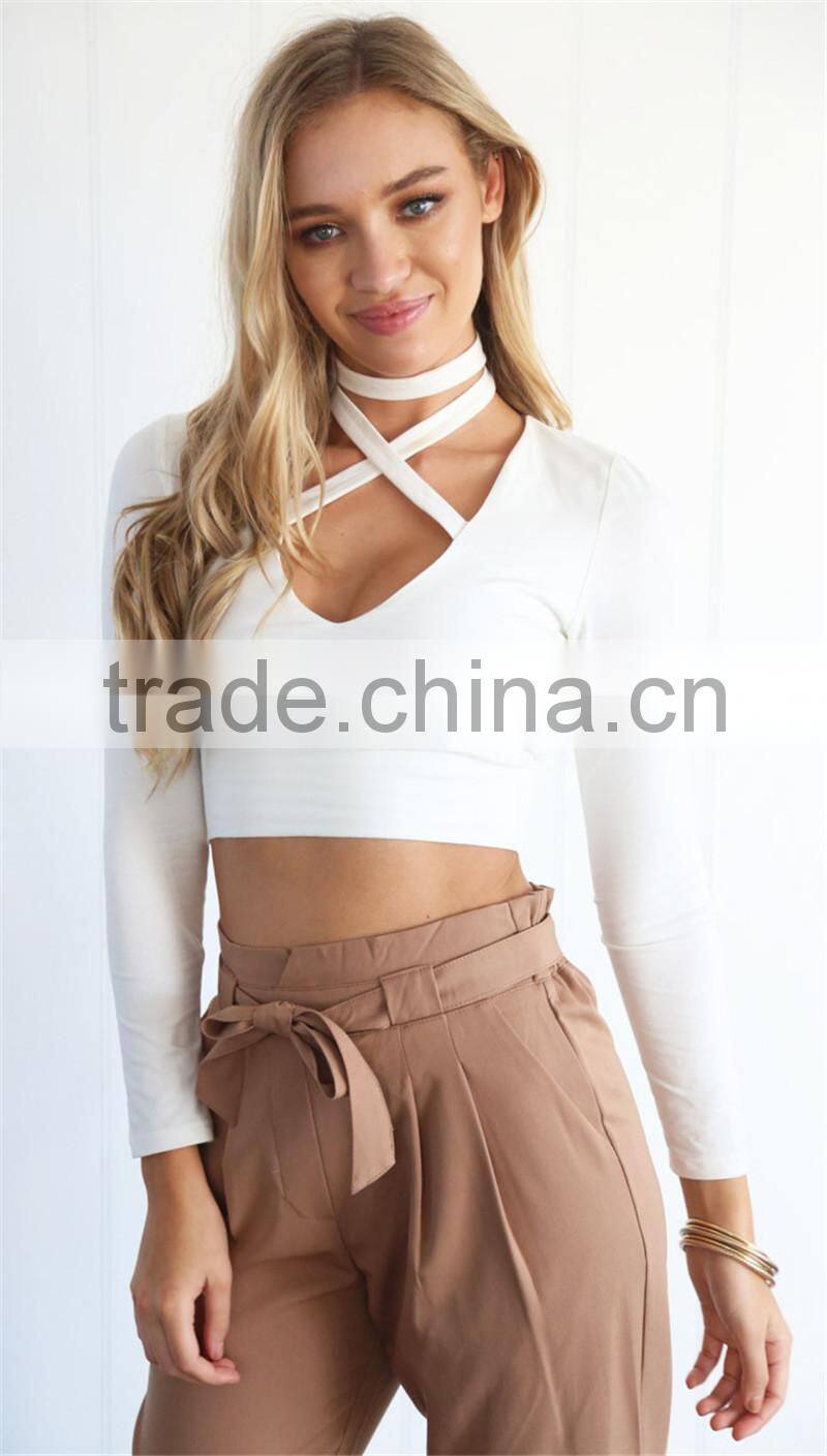 Wholesale 2017 Fashion Clothing long Sleeve Design Women Top With v Neckline