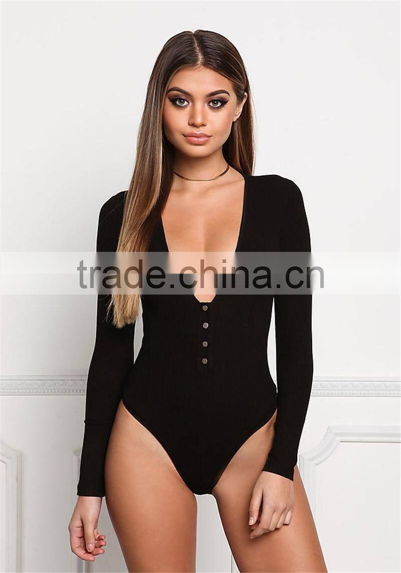 MGOO Foshan Manufacturer Custom Plunge Ribbed Bodysuits Black Cotton Spandex Blouse High Cut Buttons Up Tops