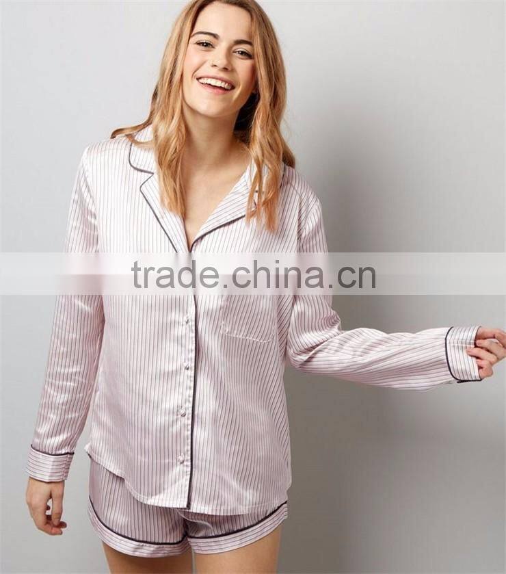 Women Oversized Plain Stripe Satin Shorts Pyjama Set Black Piping Pajamas Set Long Sleeve Top With Shorts