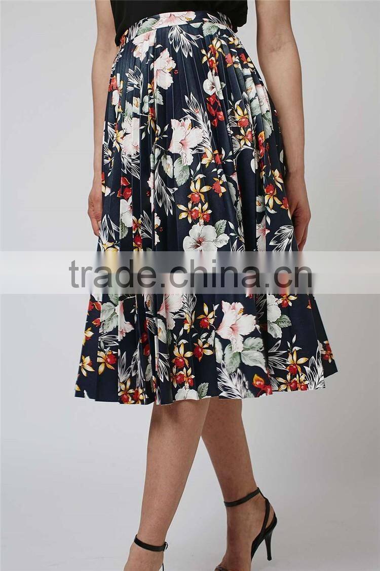 Hot Sale Women Floral Print Satin Pleated Skirts Maxi Cutout Empire Waist Fashion Skirts