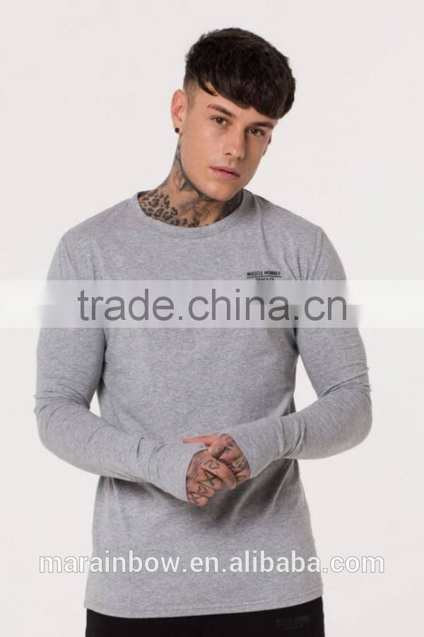 Bulk Wholesale Long Sleeve T Shirt with Thumb hole Soft Grey Blank 95% Cotton 5% Elastane T Shirt for Men